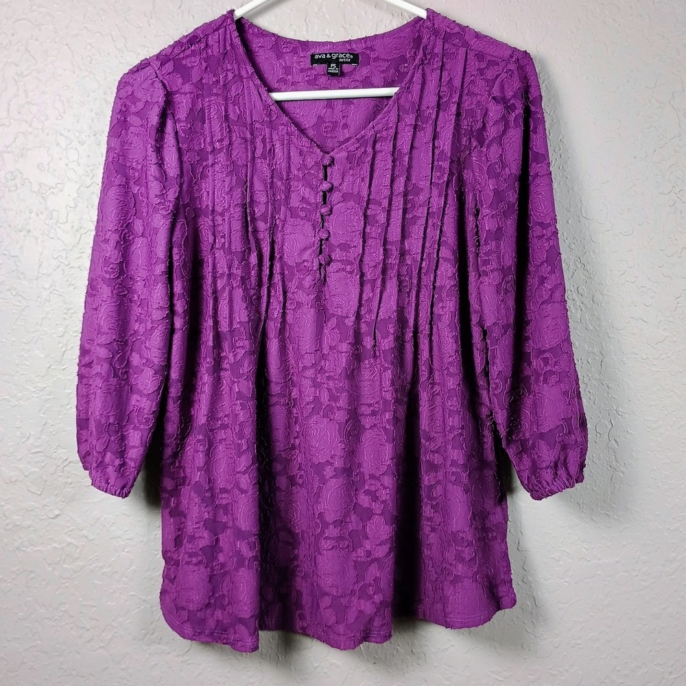 Ava & Grace Petite Purple Floral Jacquard Tunic Top Boho Romantic PS